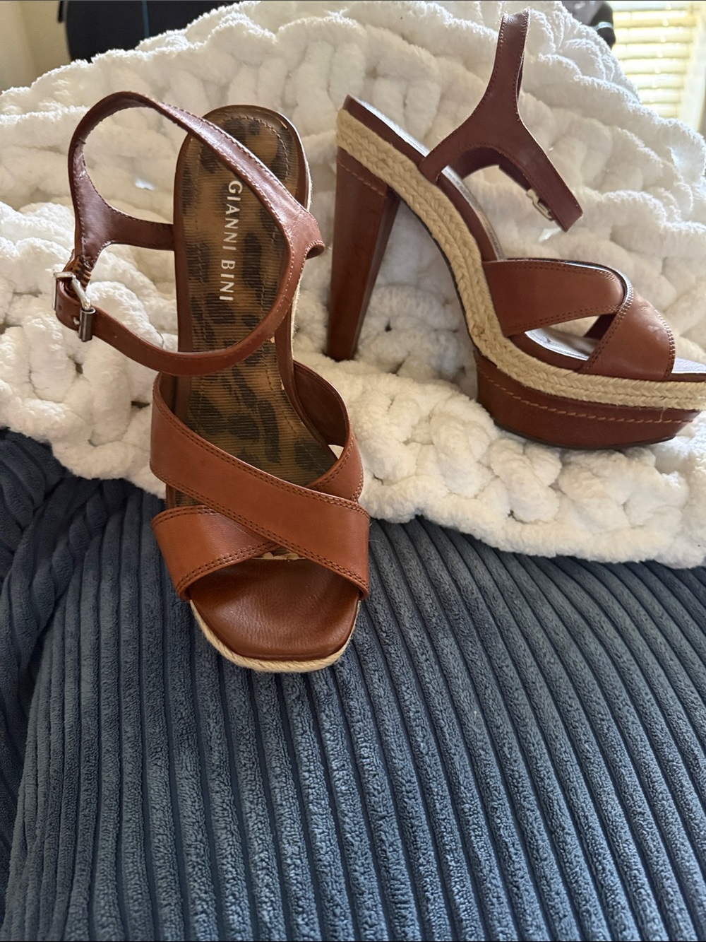Gianni Bini Cognac Brown Leather Platform Sandals